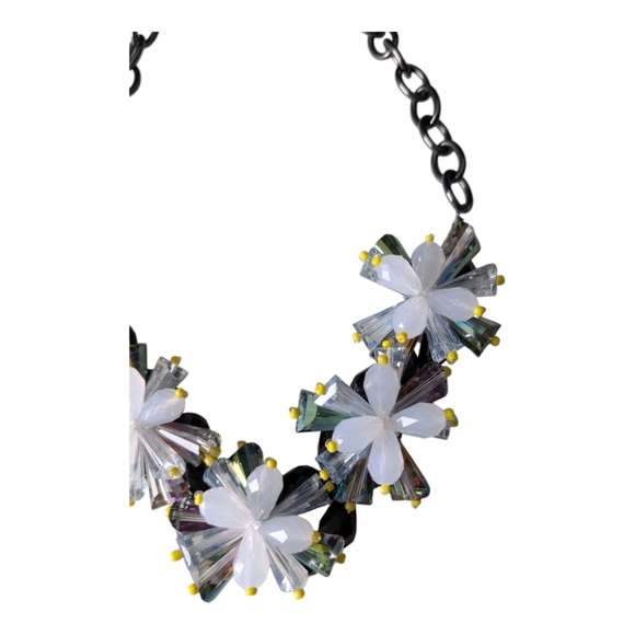 Statement Floral Necklace – Black & Crystal Beaded Flowers Metal Chain - Picture 3 of 5